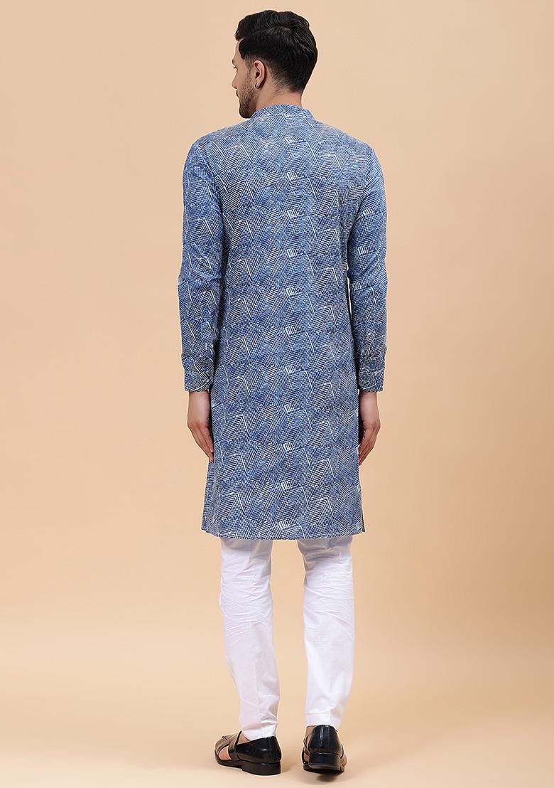 Blue Printed Cotton Straight Kurta Set For Men