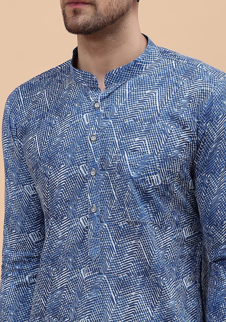 Blue Printed Cotton Straight Kurta Set For Men