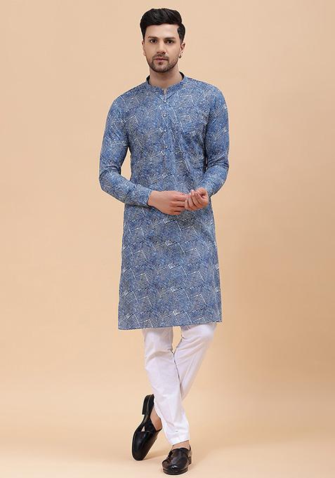 Blue Printed Cotton Straight Kurta Set For Men