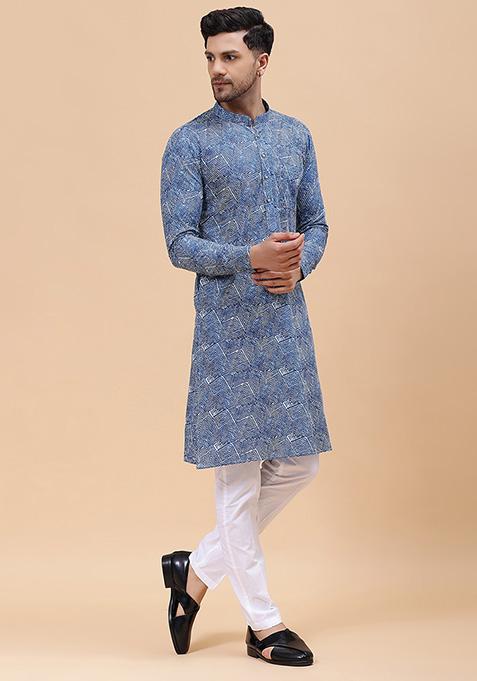 Blue Printed Cotton Straight Kurta Set For Men