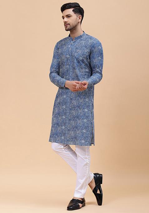 Blue Printed Cotton Straight Kurta Set For Men