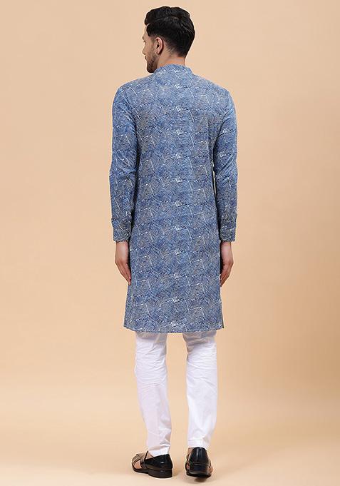 Blue Printed Cotton Straight Kurta Set For Men