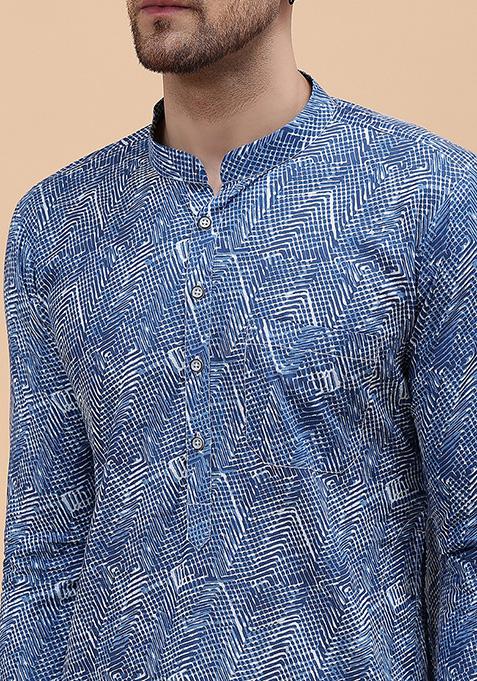 Blue Printed Cotton Straight Kurta Set For Men