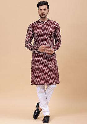 Maroon Printed Cotton Kurta Set For Men