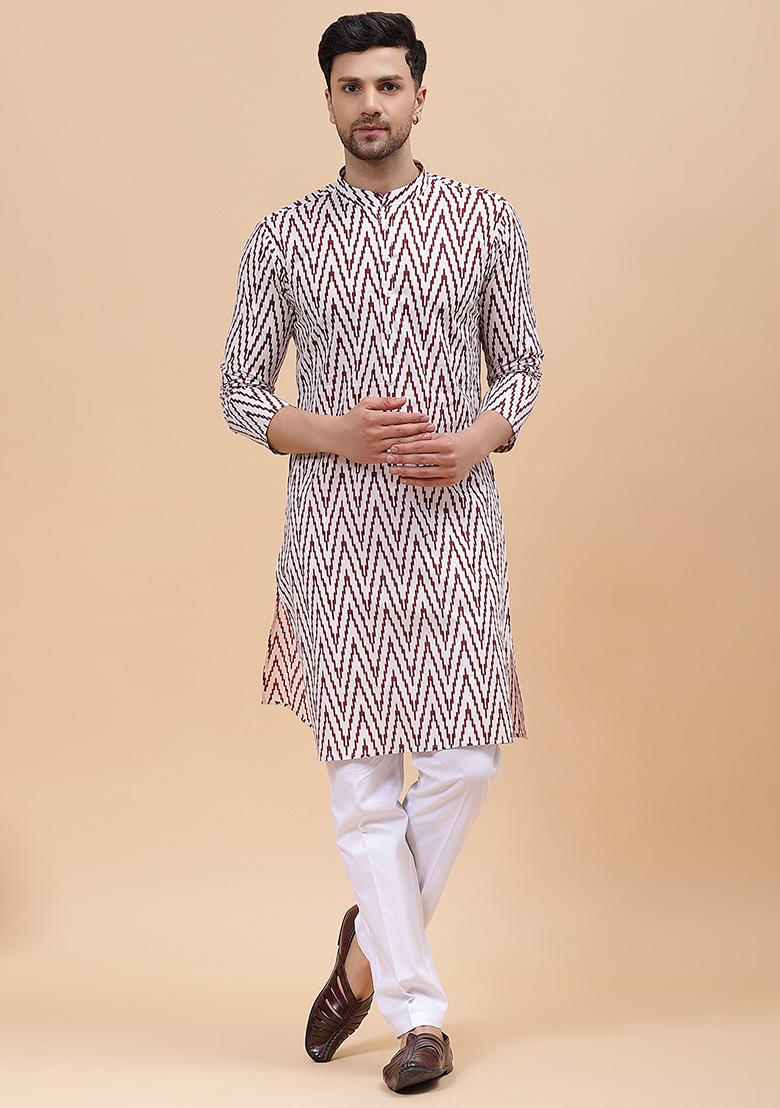 Maroon Printed Pure Cotton Kurta Set For Men