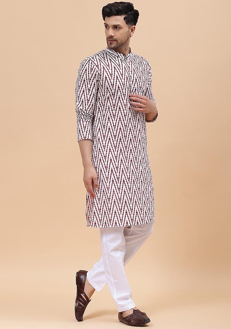 Maroon Printed Pure Cotton Kurta Set For Men