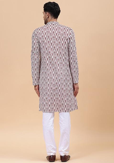 Maroon Printed Pure Cotton Kurta Set For Men