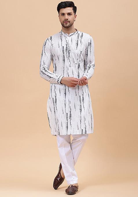 White Printed Kurta Set For Men