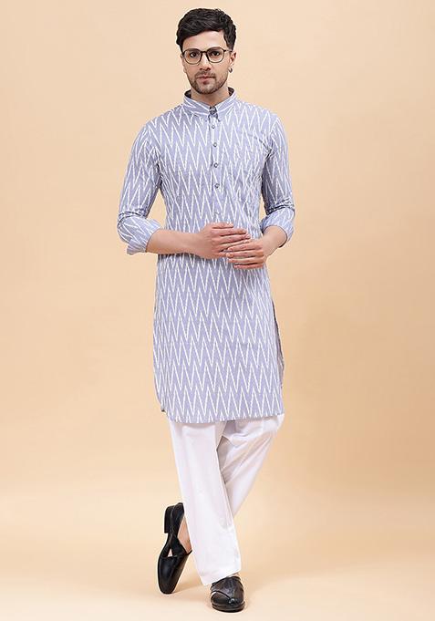 Grey Printed Pure Cotton Kurta Set For Men