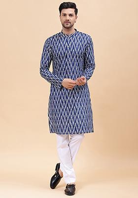 Navy Blue Printed Pure Cotton Kurta Set For Men