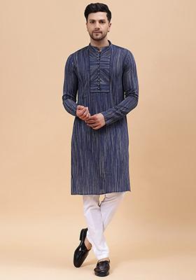 Navy Blue Printed Cotton Kurta Set For Men