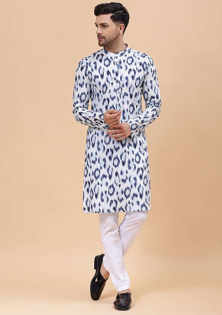 White Printed Straight Kurta Set For Men - Indya