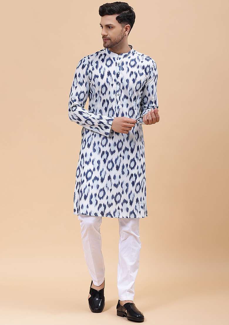 White Printed Straight Kurta Set For Men - Indya