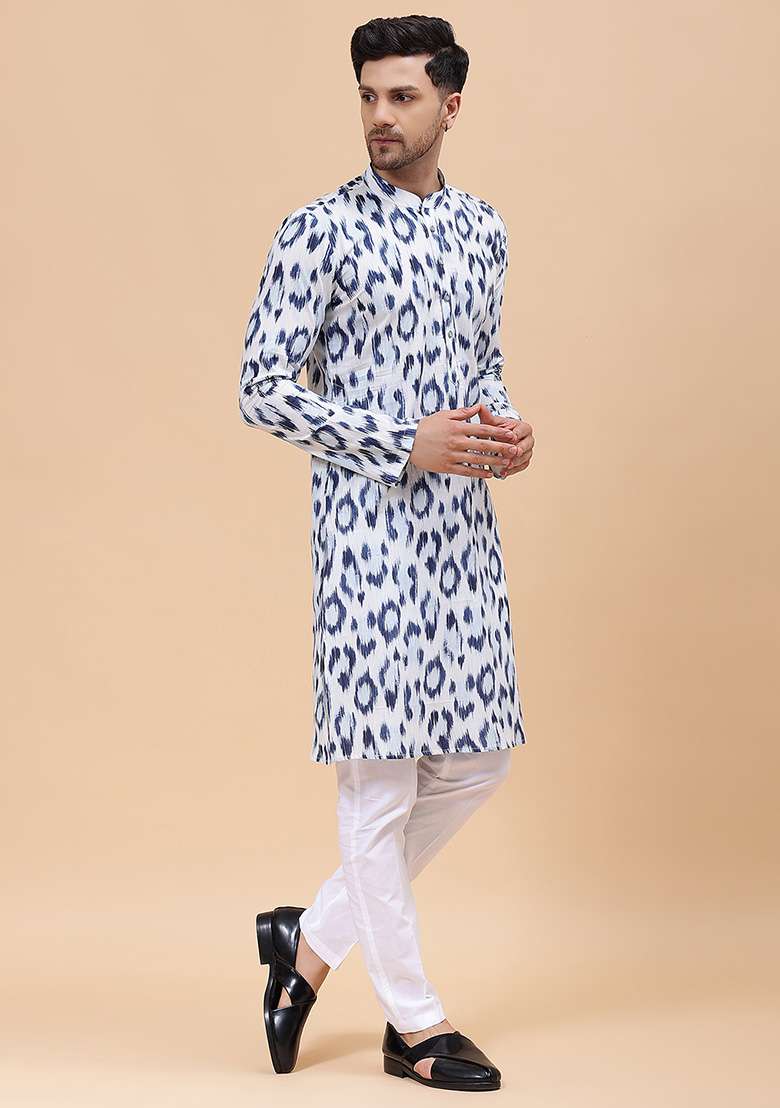 White Printed Straight Kurta Set For Men - Indya