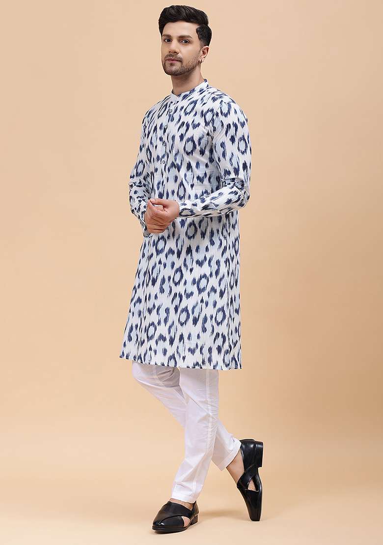 White Printed Straight Kurta Set For Men - Indya