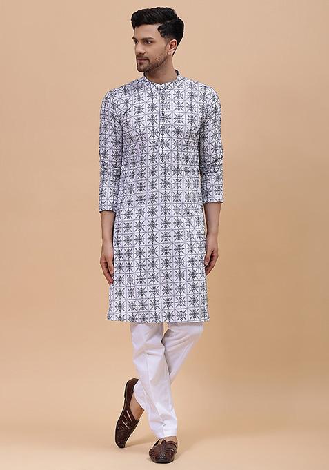 Off White Embroidered Straight Kurta Set For Men