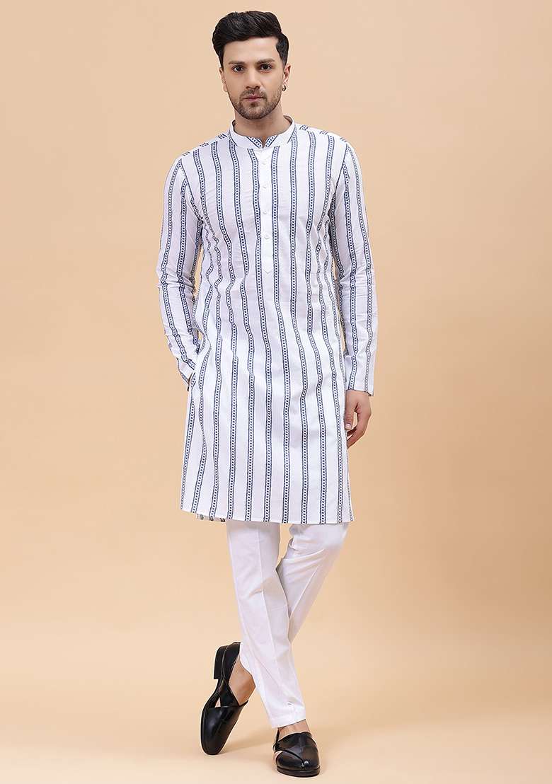 White Embroidered Cotton Kurta Set For Men - Indya