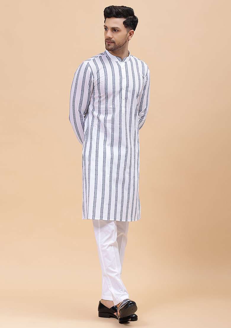 White Embroidered Cotton Kurta Set For Men - Indya