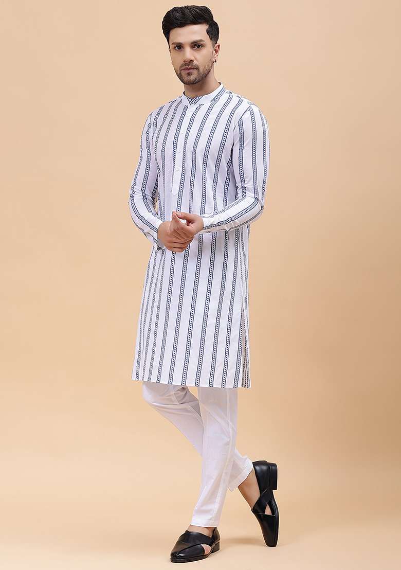 White Embroidered Cotton Kurta Set For Men - Indya