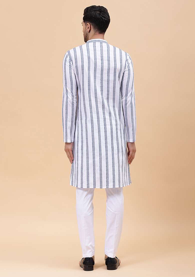 White Embroidered Cotton Kurta Set For Men - Indya