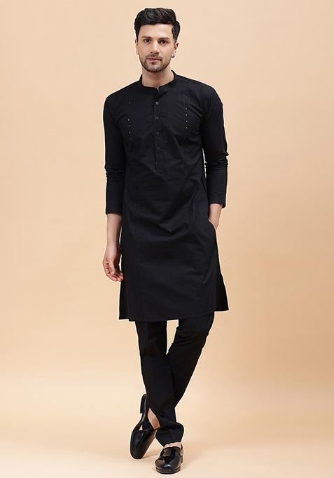 Black Embroidered Kurta Set For Men