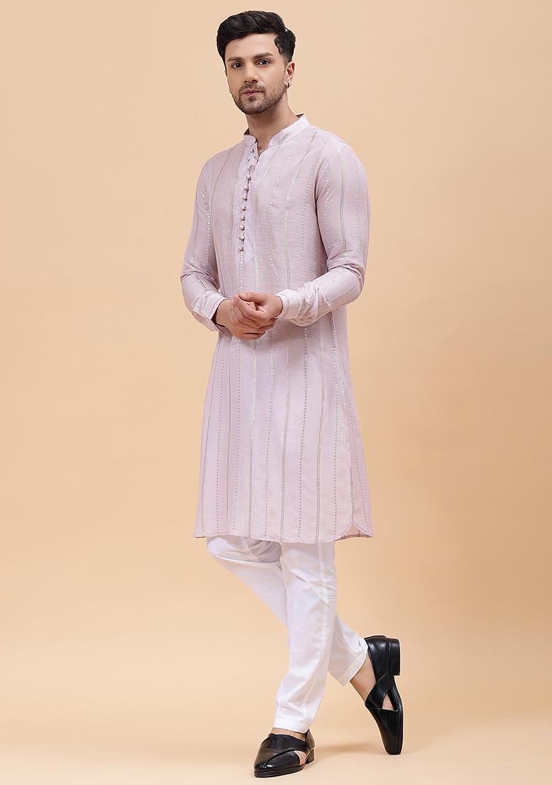 Pink Zari Embroidered Pure Cotton Kurta Set For Men