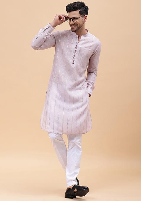 Pink Zari Embroidered Pure Cotton Kurta Set For Men