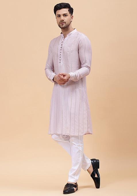Pink Zari Embroidered Pure Cotton Kurta Set For Men