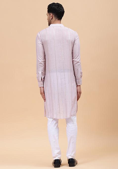 Pink Zari Embroidered Pure Cotton Kurta Set For Men