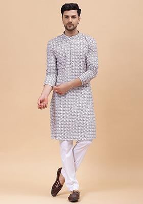 Off White Embroidered Pure Cotton Kurta Set For Men