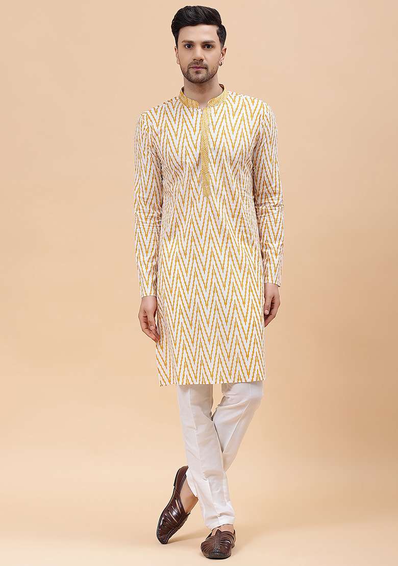 White Embroidered Pure Cotton Kurta Set For Men - Indya