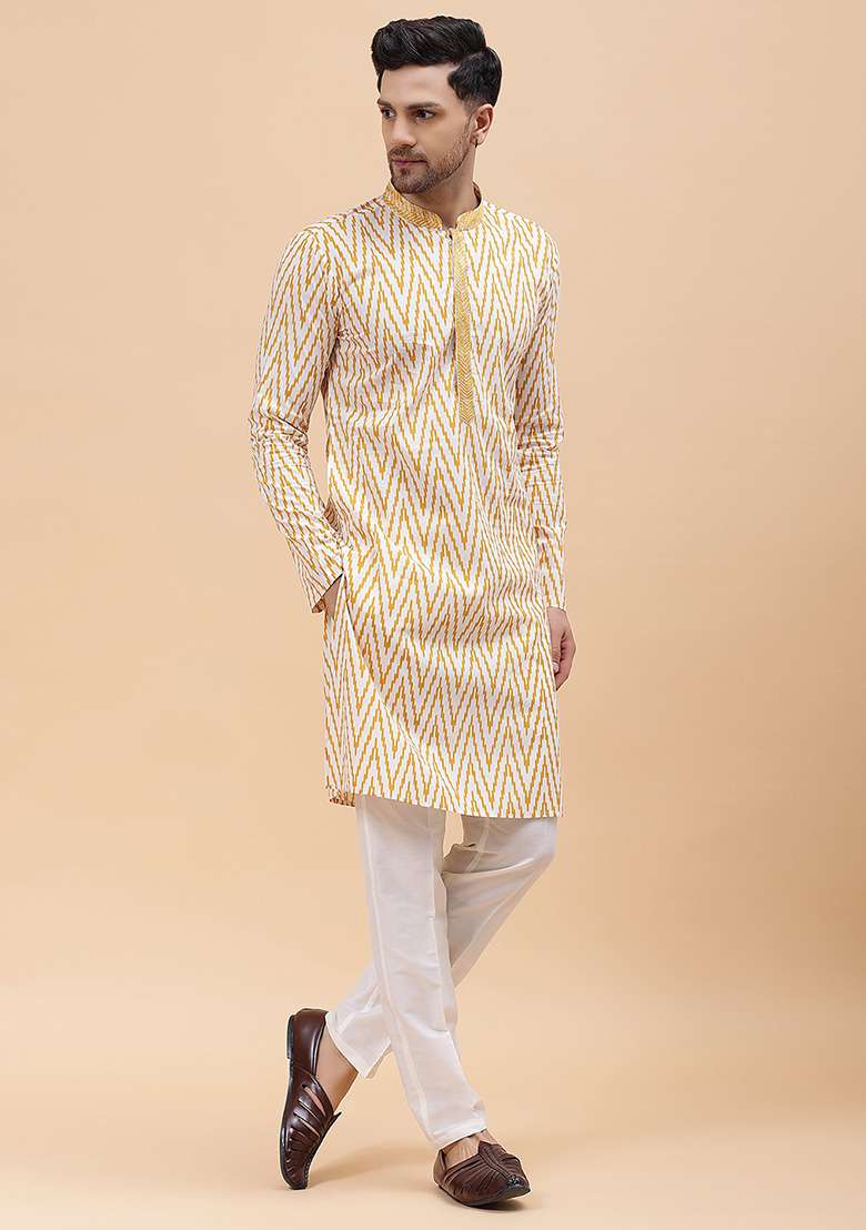 White Embroidered Pure Cotton Kurta Set For Men - Indya