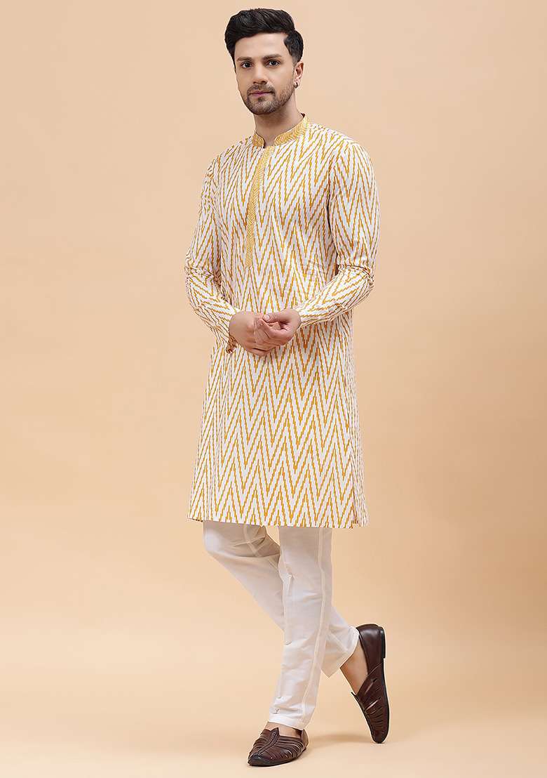 White Embroidered Pure Cotton Kurta Set For Men - Indya