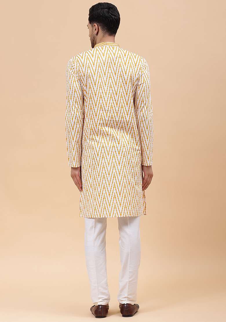 White Embroidered Pure Cotton Kurta Set For Men - Indya