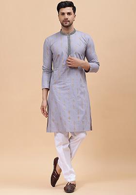 Grey Embroidered Pure Cotton Kurta Set For Men