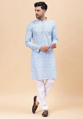 Sky Blue Embroidered Pure Cotton Kurta Set For Men