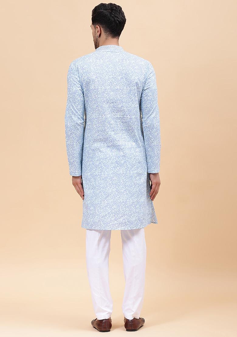 Sky Blue Embroidered Pure Cotton Kurta Set For Men