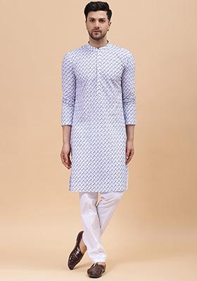 White Embroidered Cotton Kurta Set For Men