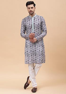 Purple Embroidered Pure Cotton Kurta Set For Men