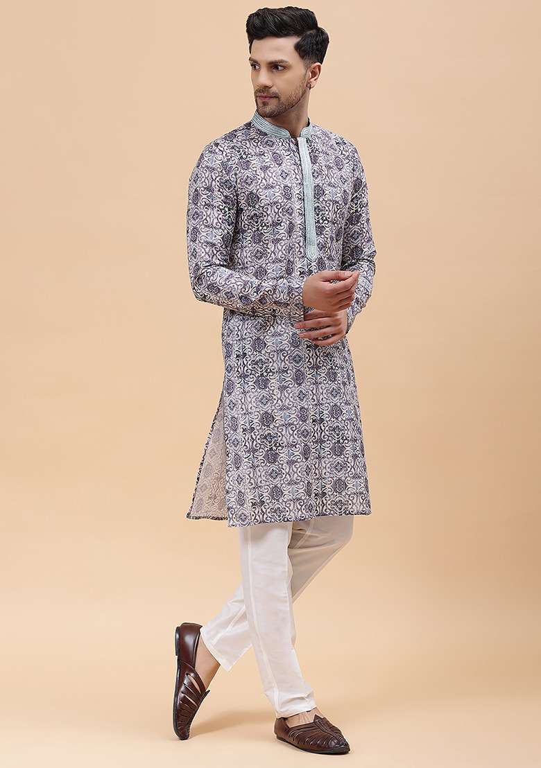 Purple Embroidered Pure Cotton Kurta Set For Men - Indya