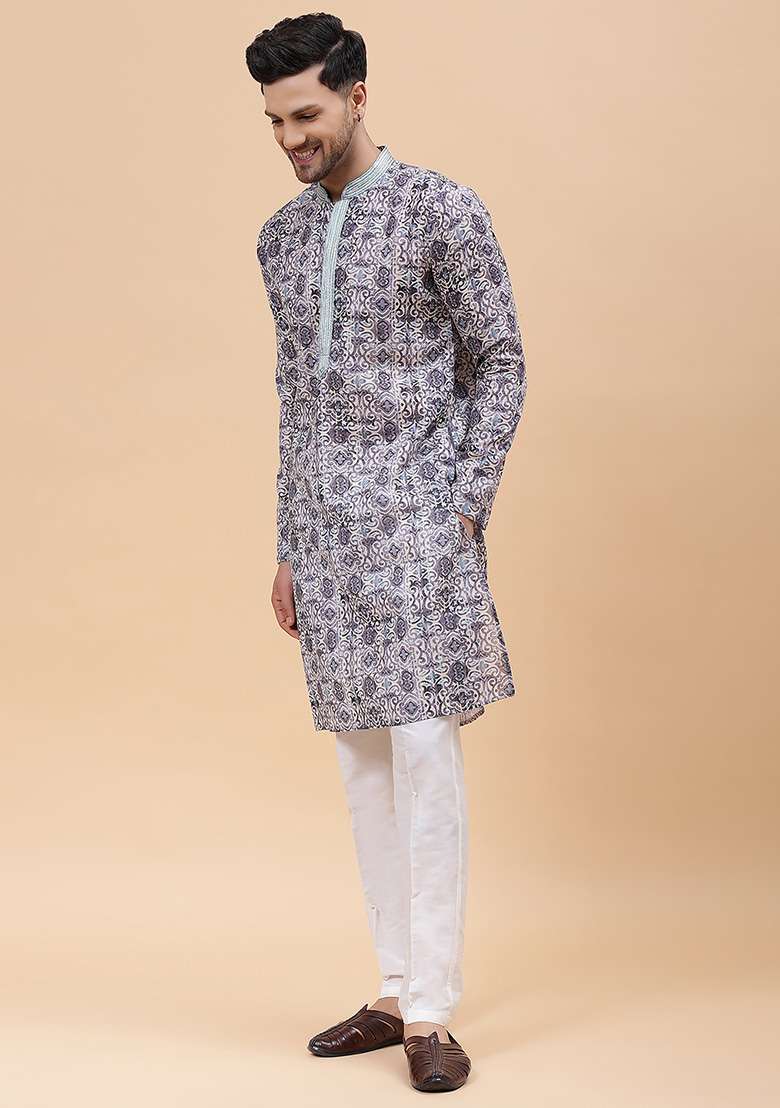 Purple Embroidered Pure Cotton Kurta Set For Men - Indya
