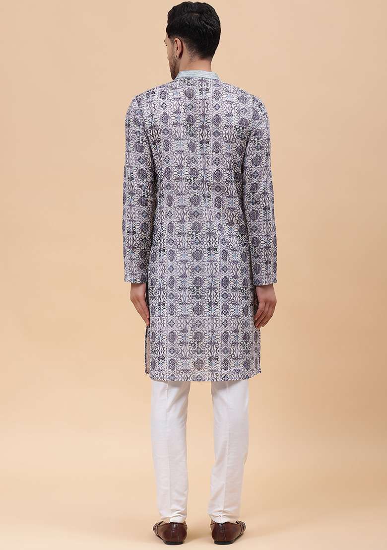 Purple Embroidered Pure Cotton Kurta Set For Men - Indya