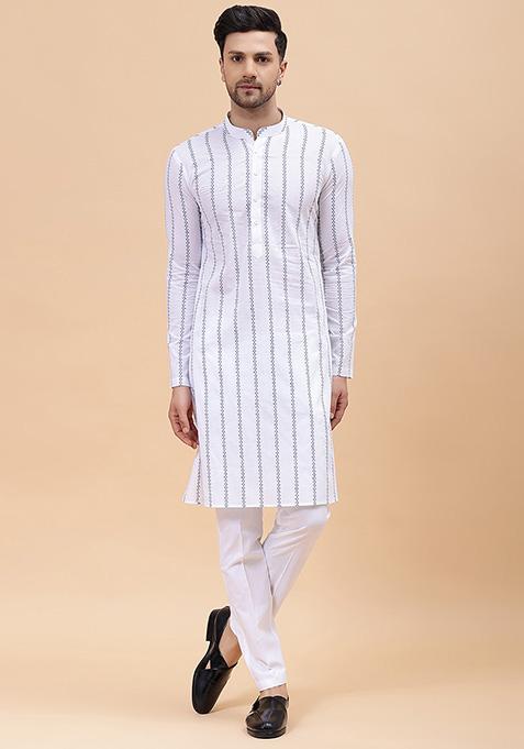 White Embroidered Pure Cotton Straight Kurta Set For Men