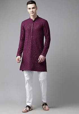 Purple Sequin Embroidered Viscose Kurta Set For Men