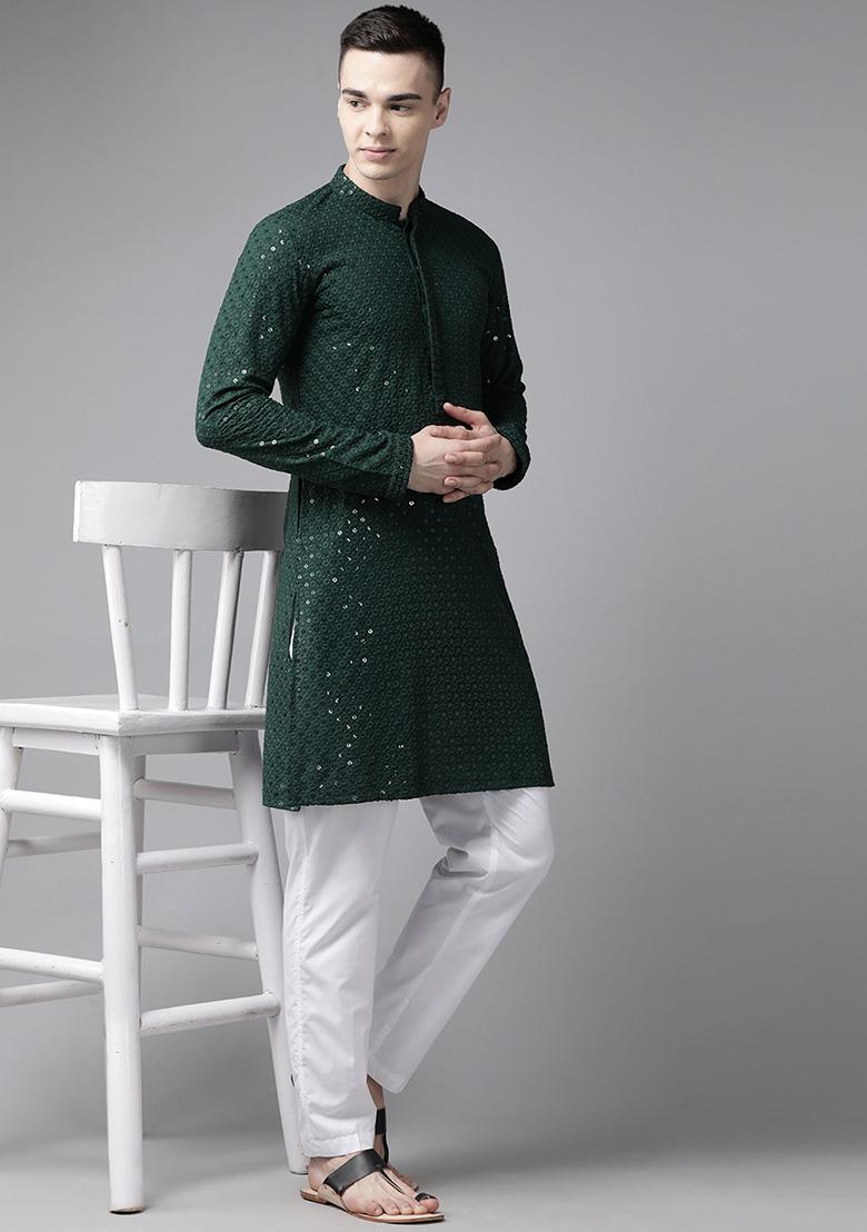 Green Embroidered Cotton Kurta Set For Men - Indya
