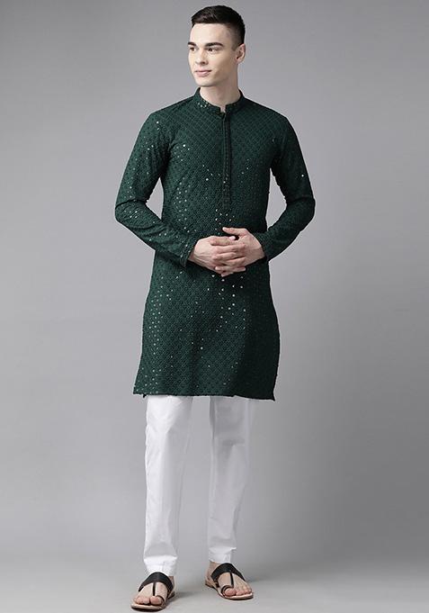 Green Embroidered Cotton Kurta Set For Men