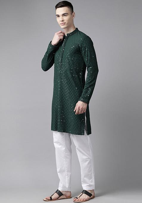 Green Embroidered Cotton Kurta Set For Men