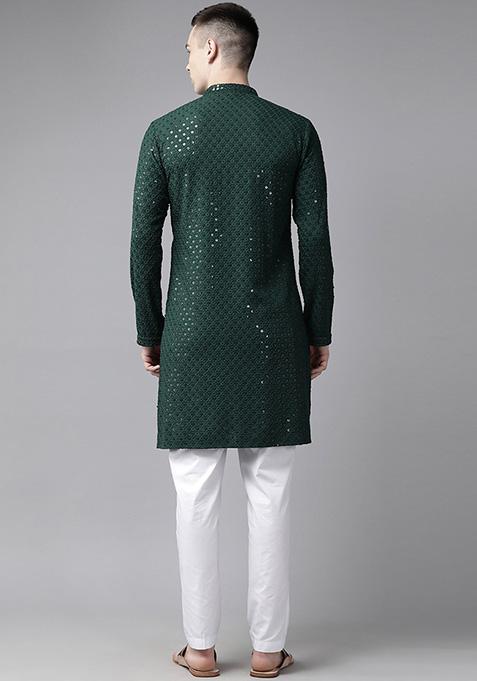 Green Embroidered Cotton Kurta Set For Men