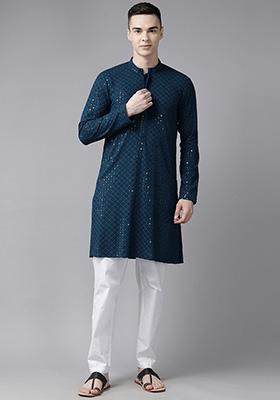 Teal Sequin Embroidered Kurta Set For Men