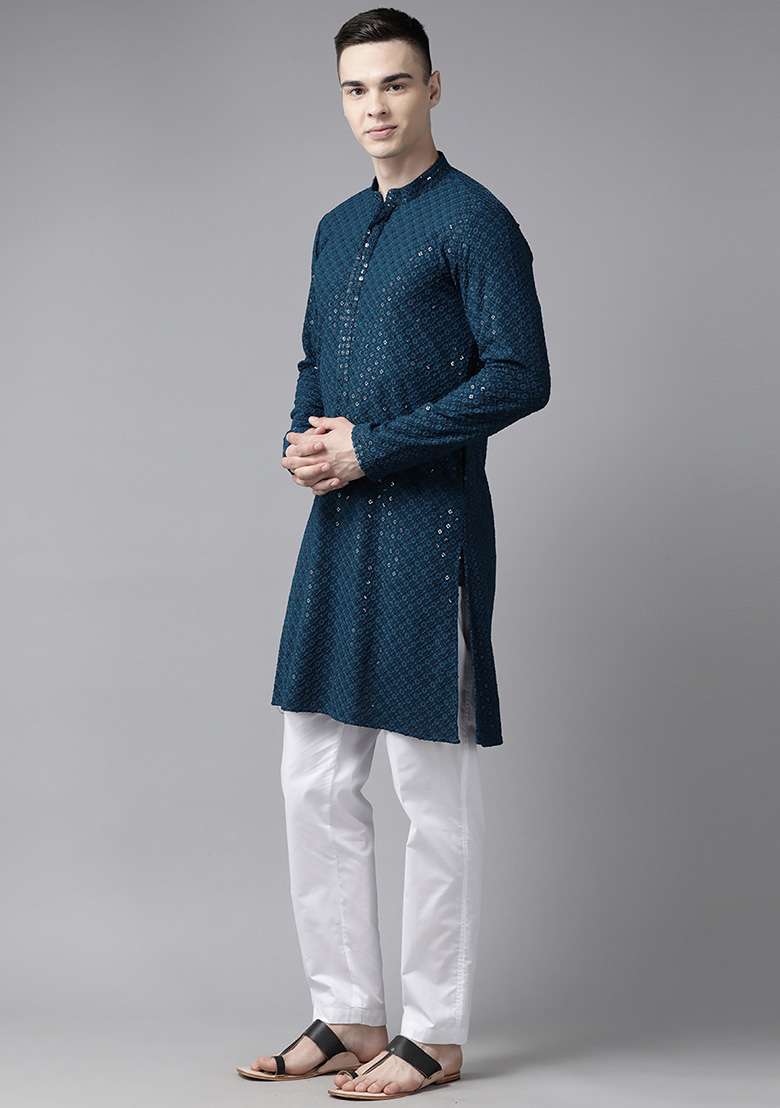 Teal Sequin Embroidered Kurta Set For Men - Indya